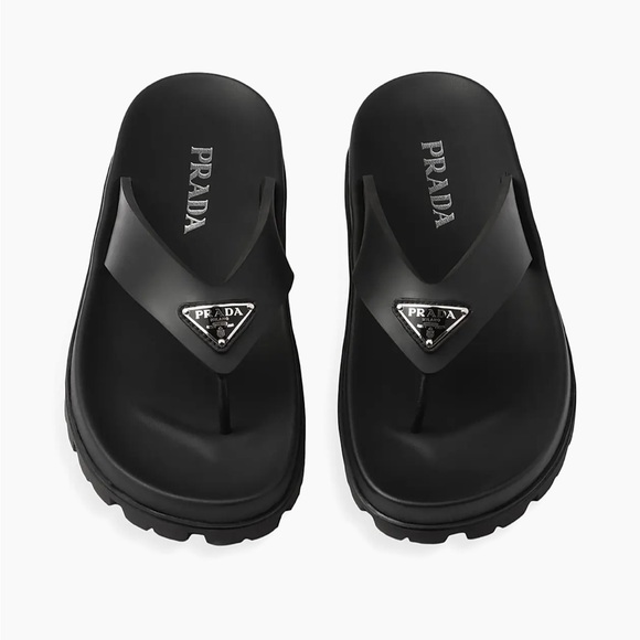 Prada Shoes - Prada Black Logo Triangle Rubber Thong Sandals